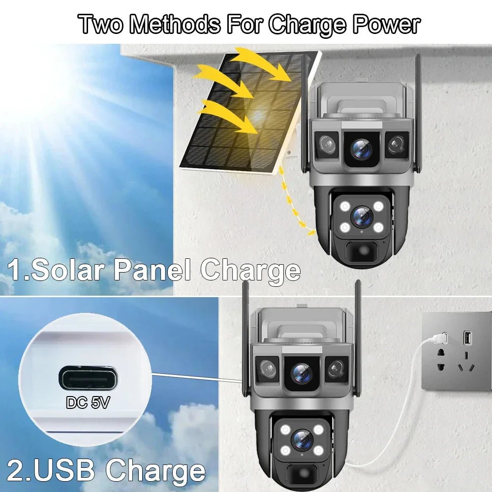 Solar Outdoor Surveillance Camera Dual Lens Triple Monitoring Shots PIR Humanoid Detection Smart Home CCTV WiFi Security Cameras - Etienne TECH - ELECTRONIQUEelectronique