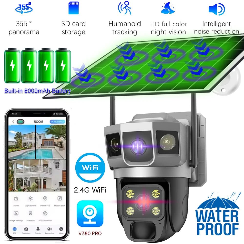 Solar Outdoor Surveillance Camera Dual Lens Triple Monitoring Shots PIR Humanoid Detection Smart Home CCTV WiFi Security Cameras - Etienne TECH - ELECTRONIQUEelectronique