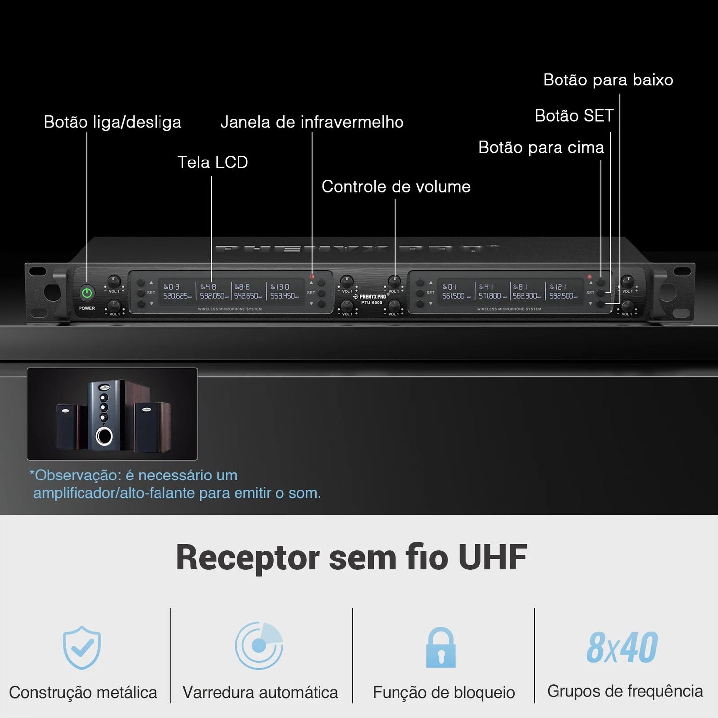 Wireless Microphone System, Phenyx Pro Eight - Channel Cordless Mic Set with Metal Handheld Mics, 8x40 Channels, Auto Scan for DJ - Etienne TECH - ELECTRONIQUEelectronique