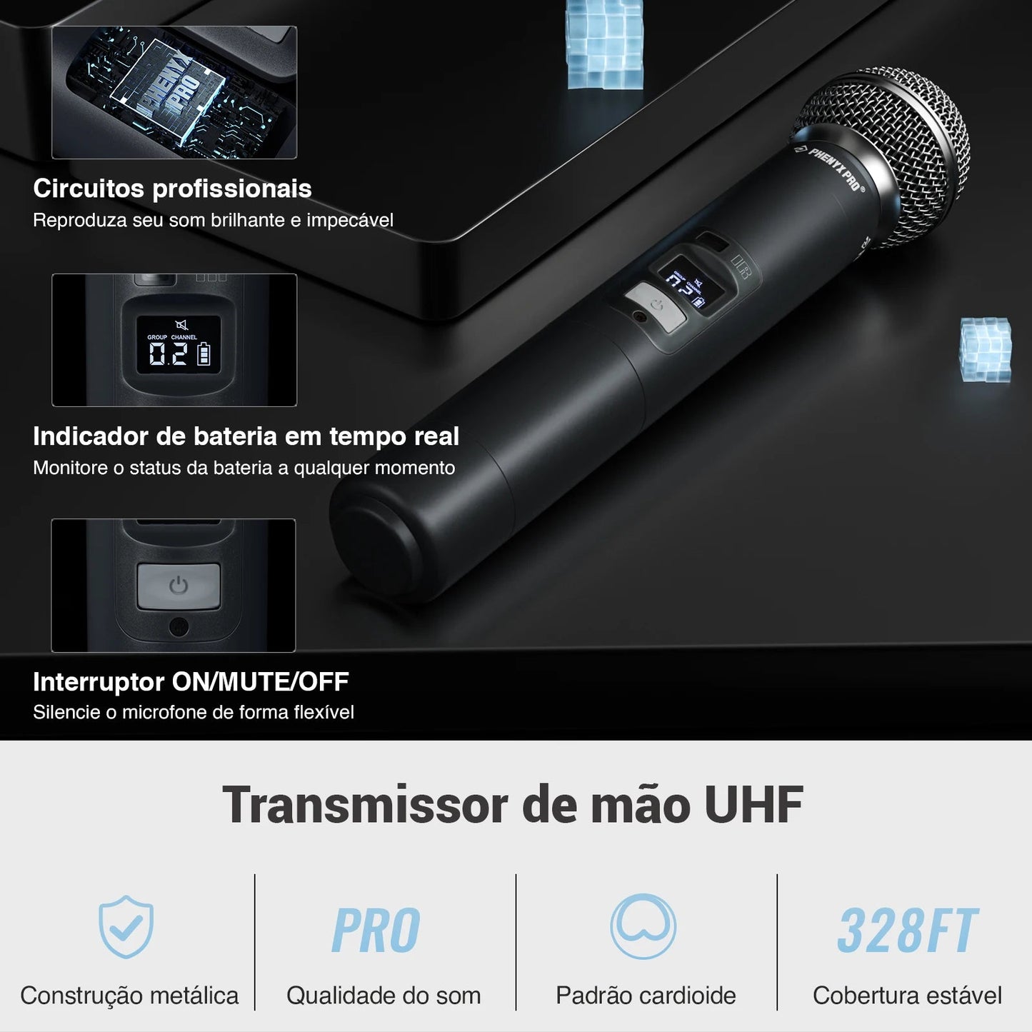 Wireless Microphone System, Phenyx Pro Eight - Channel Cordless Mic Set with Metal Handheld Mics, 8x40 Channels, Auto Scan for DJ - Etienne TECH - ELECTRONIQUEelectronique