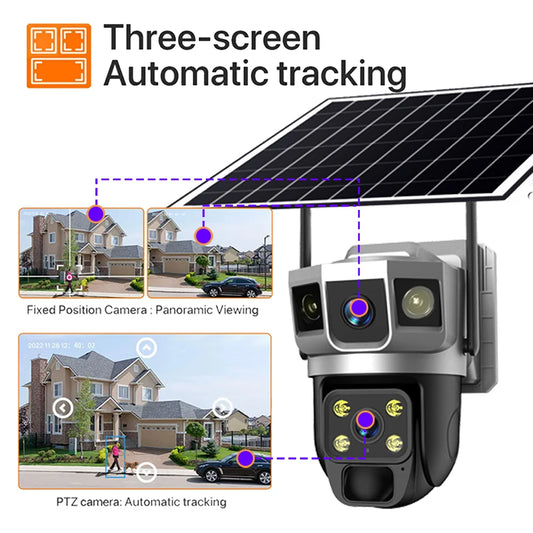 Solar Outdoor Surveillance Camera Dual Lens Triple Monitoring Shots PIR Humanoid Detection Smart Home CCTV WiFi Security Cameras