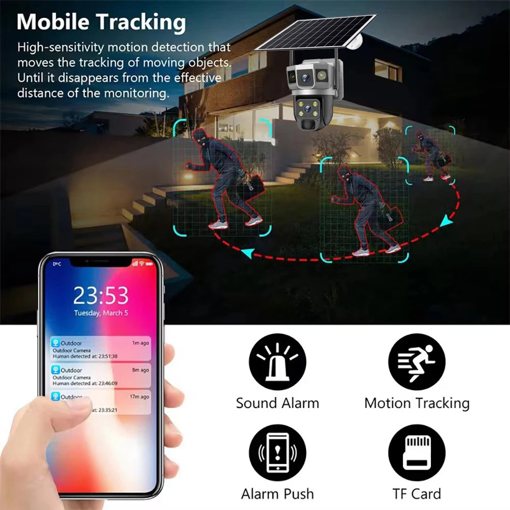 Solar Outdoor Surveillance Camera Dual Lens Triple Monitoring Shots PIR Humanoid Detection Smart Home CCTV WiFi Security Cameras