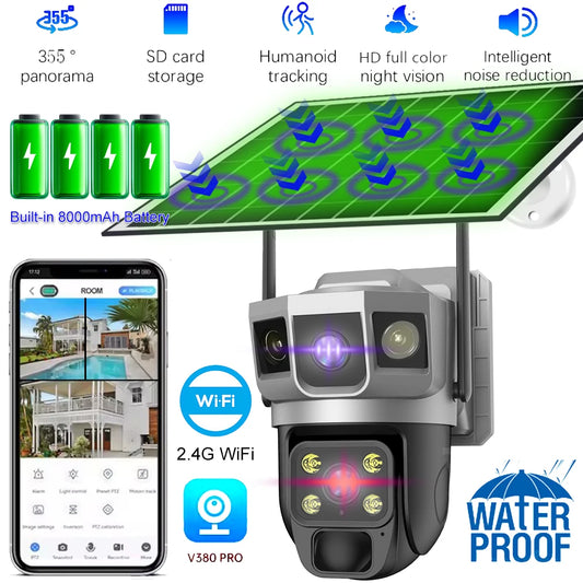 Solar Outdoor Surveillance Camera Dual Lens Triple Monitoring Shots PIR Humanoid Detection Smart Home CCTV WiFi Security Cameras