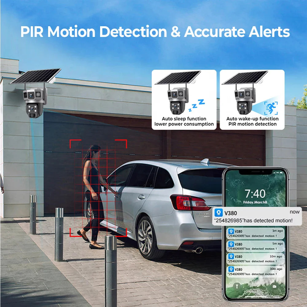 Solar Outdoor Surveillance Camera Dual Lens Triple Monitoring Shots PIR Humanoid Detection Smart Home CCTV WiFi Security Cameras