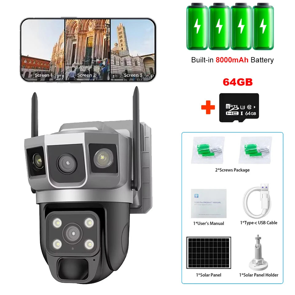 Solar Outdoor Surveillance Camera Dual Lens Triple Monitoring Shots PIR Humanoid Detection Smart Home CCTV WiFi Security Cameras