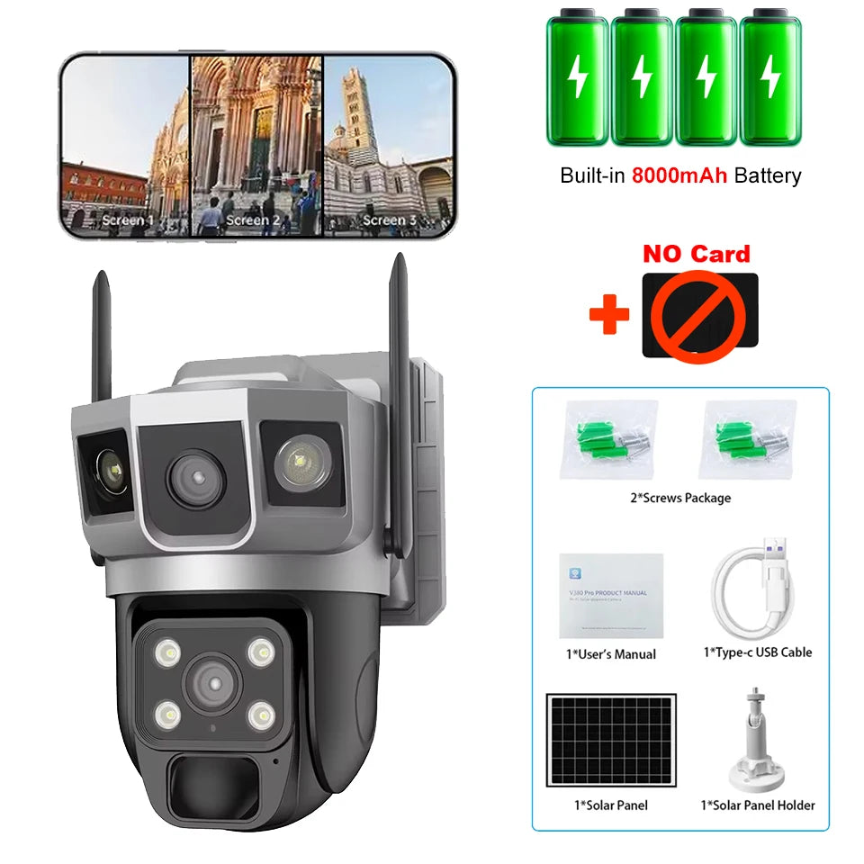 Solar Outdoor Surveillance Camera Dual Lens Triple Monitoring Shots PIR Humanoid Detection Smart Home CCTV WiFi Security Cameras