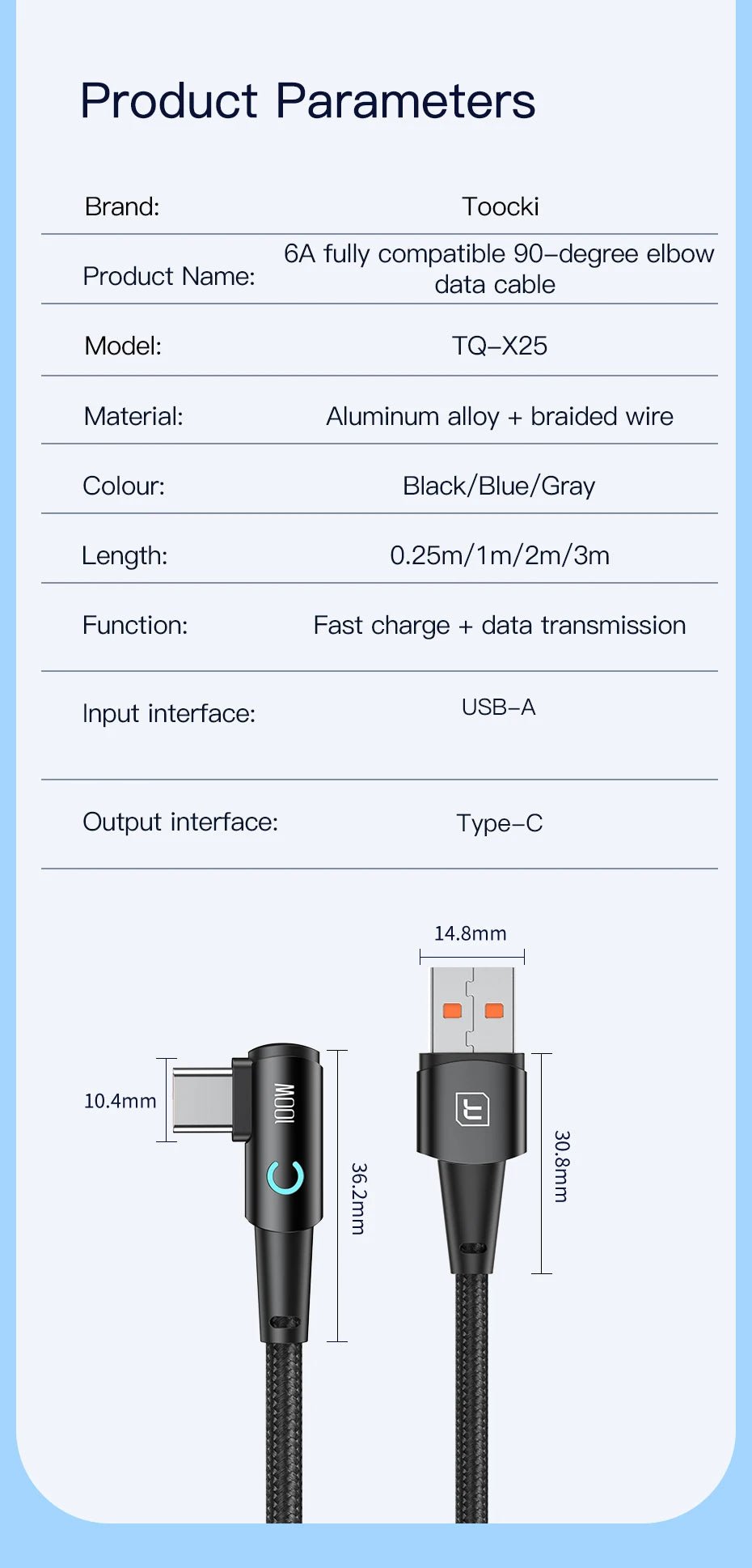 Toocki 6A USB C Cable 90 Degree For OPPO 100W Fast Charging Cord For Honor Huawei Oneplus Realme Charger Data Wire - Etienne TECH - ELECTRONIQUEelectronique