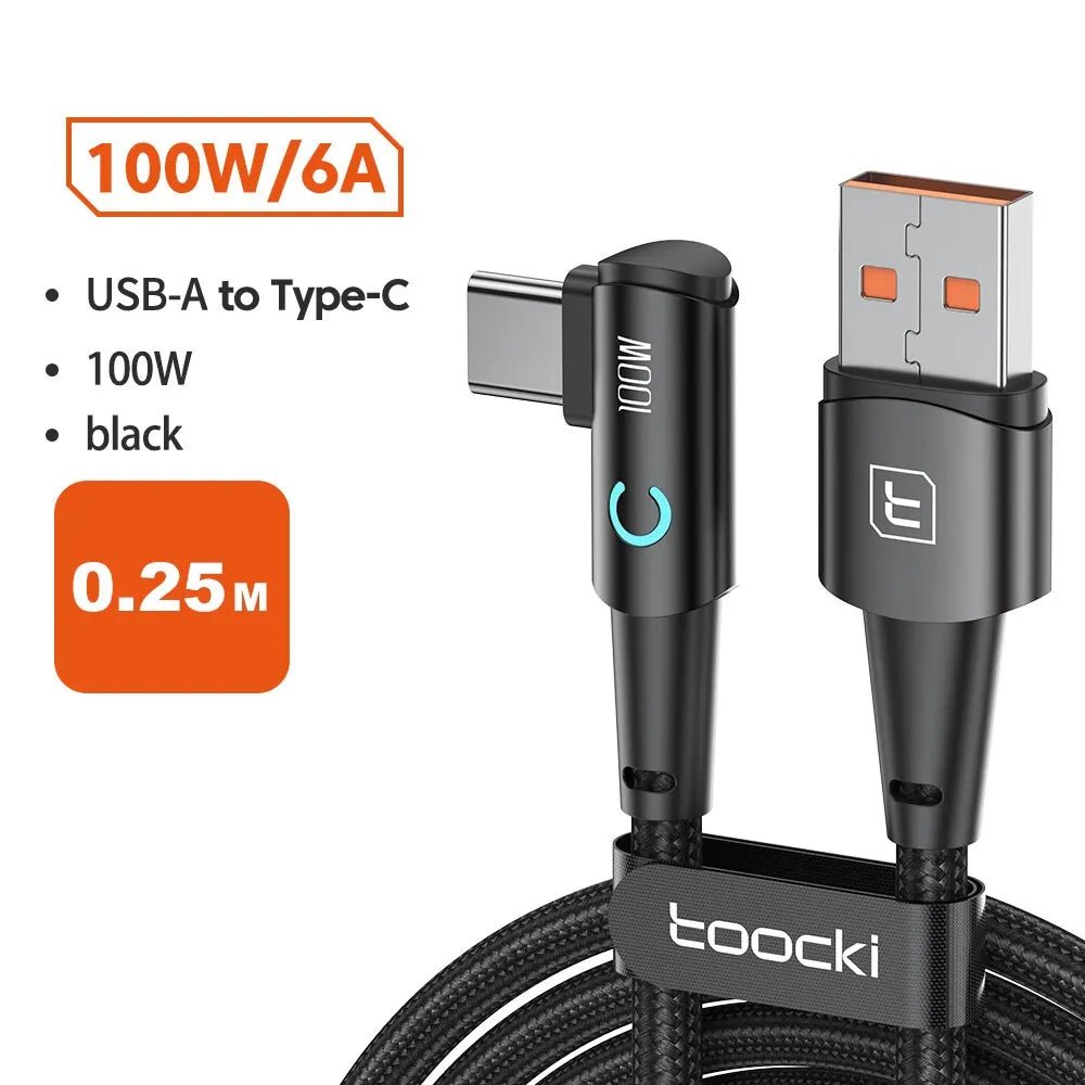 Toocki 6A USB C Cable 90 Degree For OPPO 100W Fast Charging Cord For Honor Huawei Oneplus Realme Charger Data Wire - Etienne TECH - ELECTRONIQUEelectronique