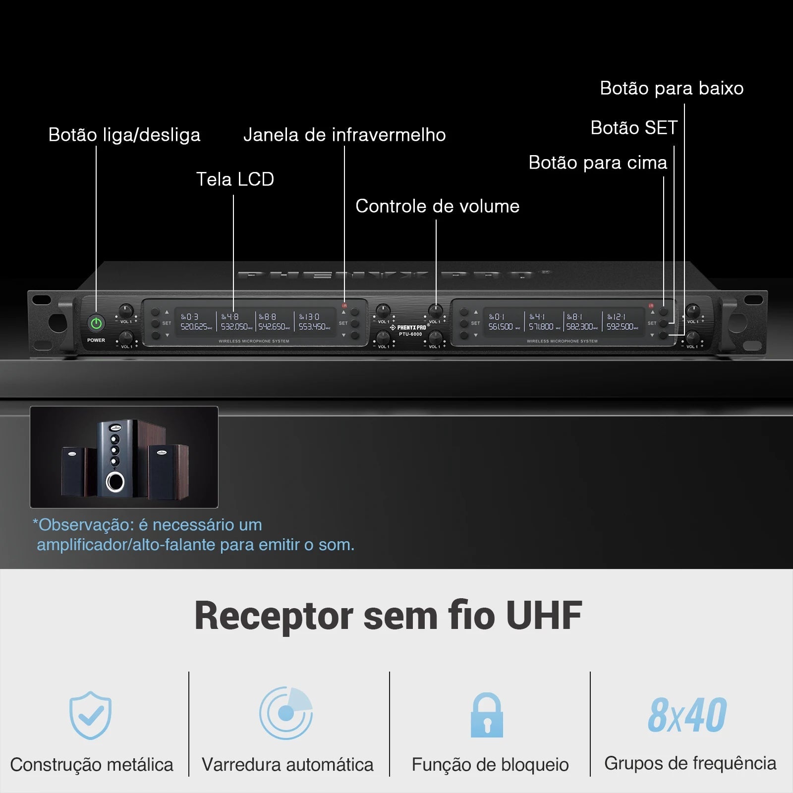 Wireless Microphone System, Phenyx Pro Eight - Channel Cordless Mic Set with Metal Handheld Mics, 8x40 Channels, Auto Scan for DJ - Etienne TECH - ELECTRONIQUEelectronique
