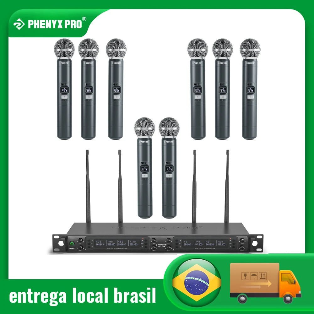 Wireless Microphone System, Phenyx Pro Eight - Channel Cordless Mic Set with Metal Handheld Mics, 8x40 Channels, Auto Scan for DJ - Etienne TECH - ELECTRONIQUEelectronique