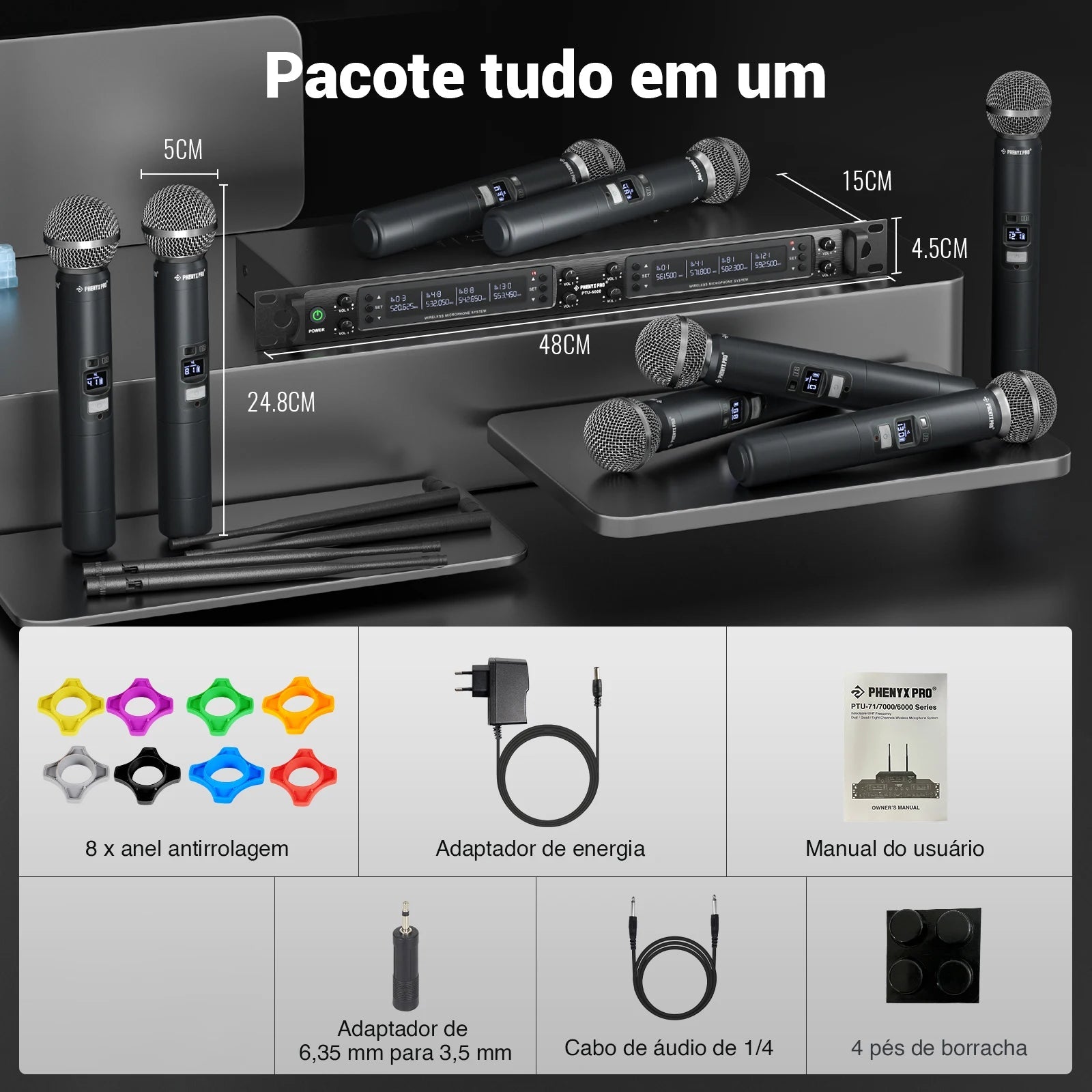 Wireless Microphone System, Phenyx Pro Eight - Channel Cordless Mic Set with Metal Handheld Mics, 8x40 Channels, Auto Scan for DJ - Etienne TECH - ELECTRONIQUEelectronique