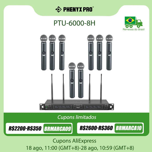 Wireless Microphone System, Phenyx Pro Eight - Channel Cordless Mic Set with Metal Handheld Mics, 8x40 Channels, Auto Scan for DJ - Etienne TECH - ELECTRONIQUEelectronique